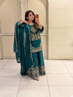 Teal Green Handwork Embroidered Sharara Suit Set with Dupatta