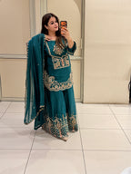 Teal Green Handwork Embroidered Sharara Suit Set with Dupatta
