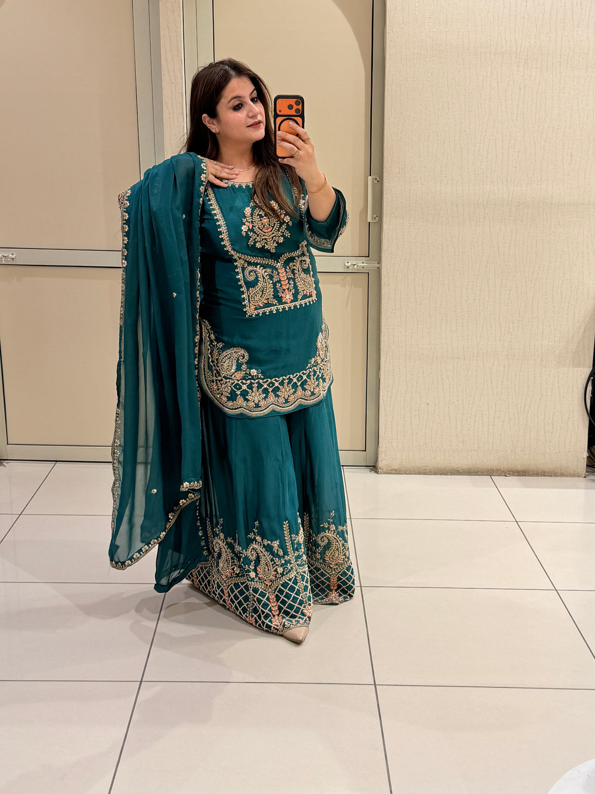 Teal Green Handwork Embroidered Sharara Suit Set with Dupatta