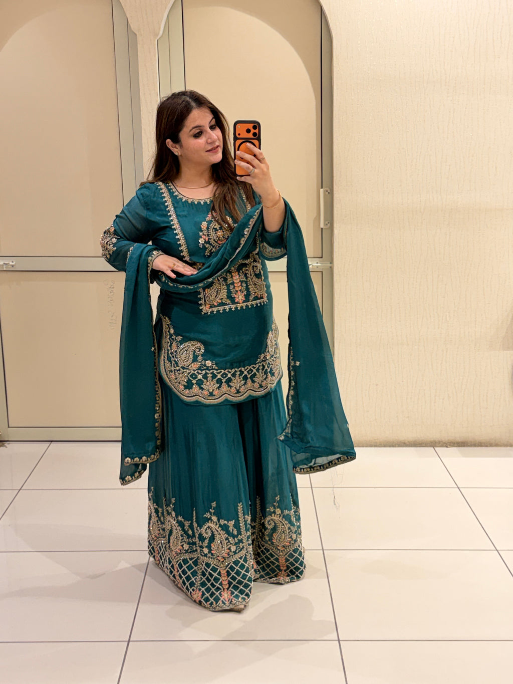Teal Green Handwork Embroidered Sharara Suit Set with Dupatta
