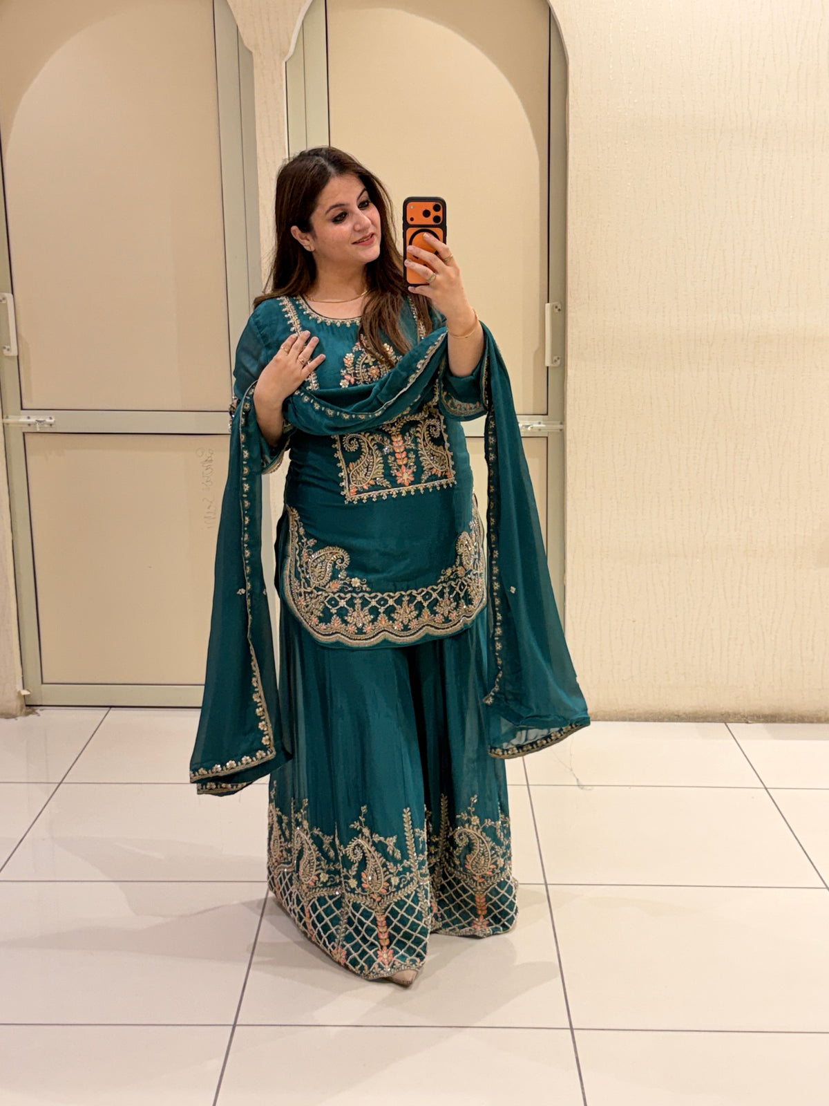 Teal Green Handwork Embroidered Sharara Suit Set with Dupatta