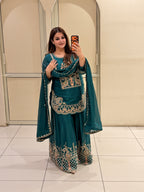 Teal Green Handwork Embroidered Sharara Suit Set with Dupatta