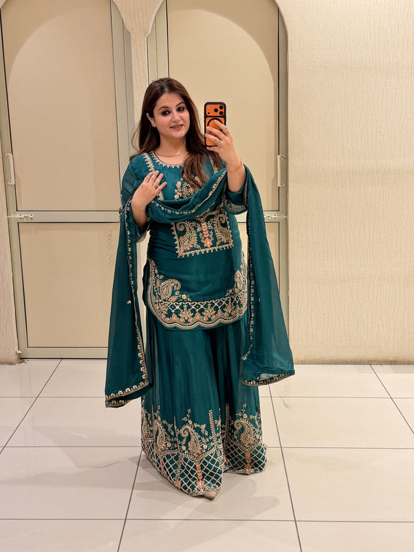 Teal Green Handwork Embroidered Sharara Suit Set with Dupatta
