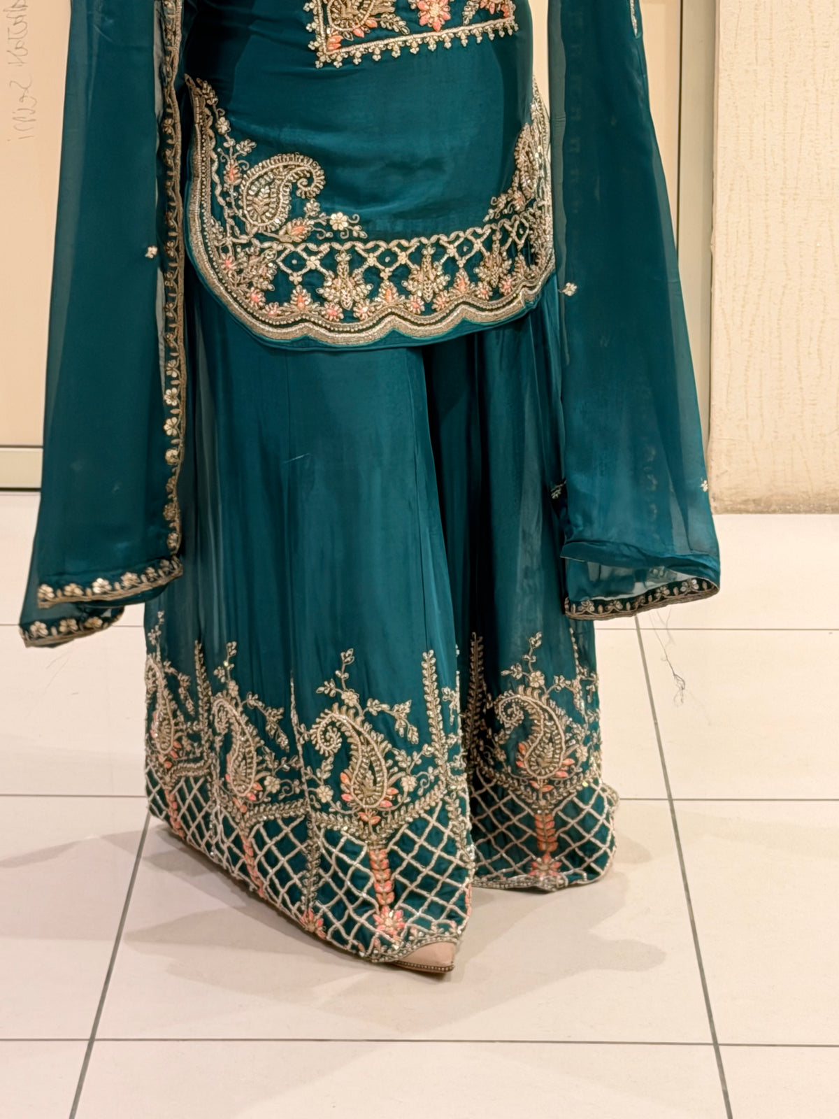 Teal Green Handwork Embroidered Sharara Suit Set with Dupatta