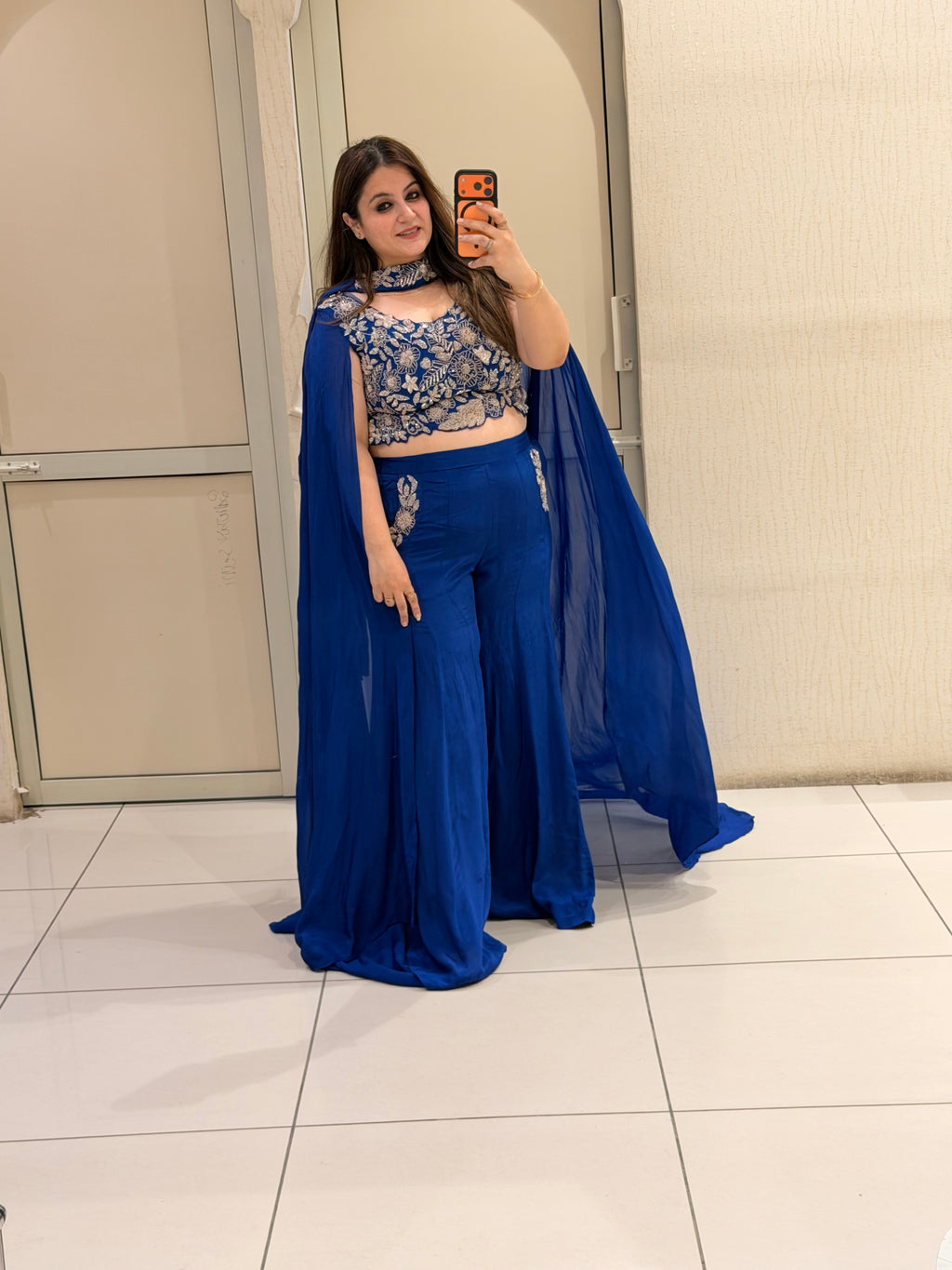 Royal Blue Embroidered Indo-Western Co-Ord Set with Cape