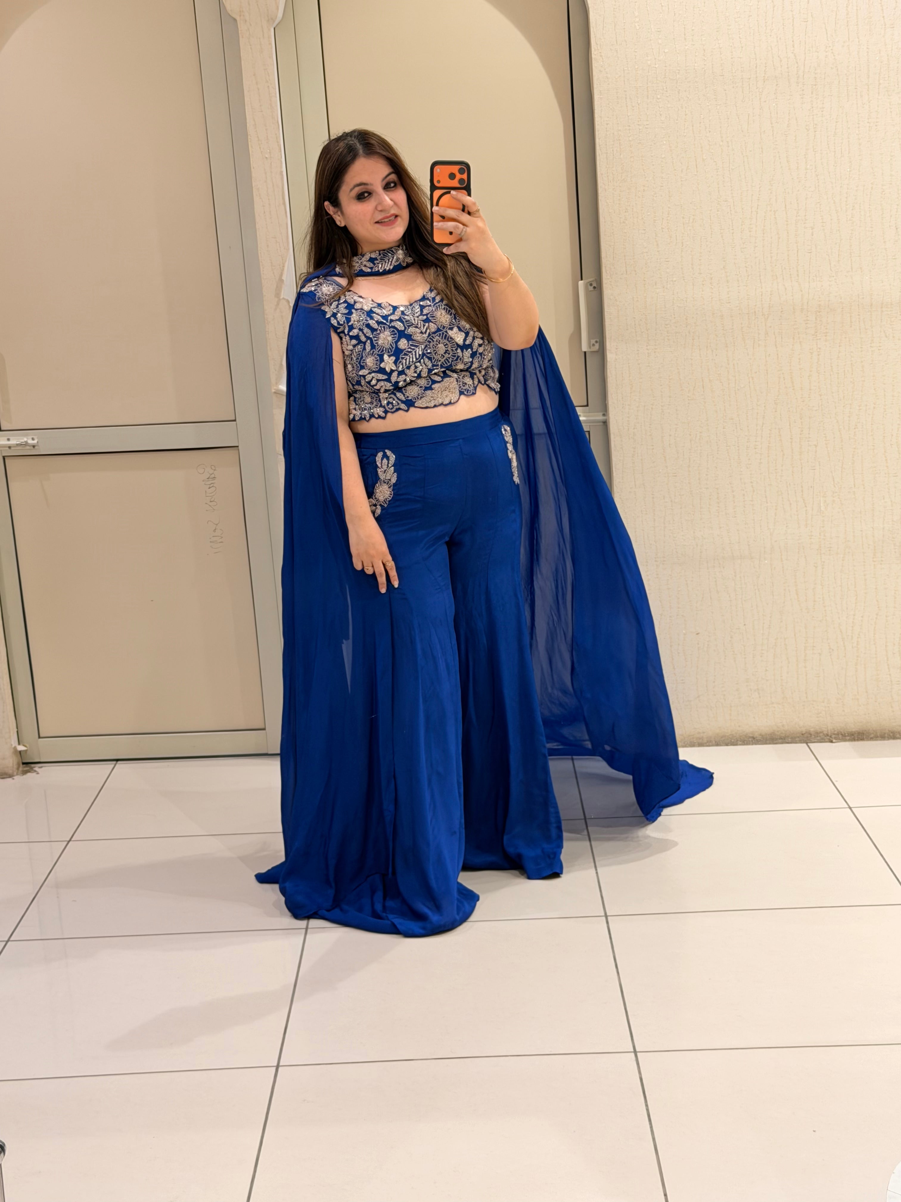 Royal Blue Embroidered Indo-Western Co-Ord Set with Cape