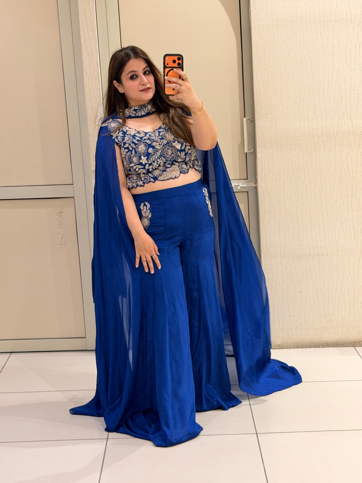 Royal Blue Embroidered Indo-Western Co-Ord Set with Cape