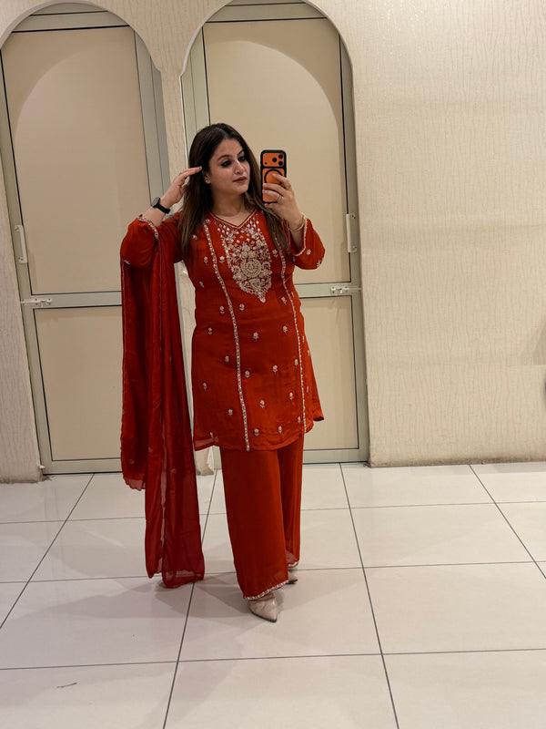 Red Embroidered Partywear Suit Set (M–XXL)