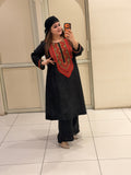 Black & Red Pure Soft Organza Embroidered Suit (Free Size up to XL)