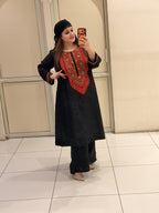 Black & Red Pure Soft Organza Embroidered Suit (Free Size up to XL)