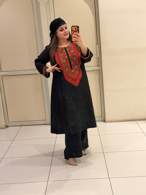 Black & Red Pure Soft Organza Embroidered Suit (Free Size up to XL)