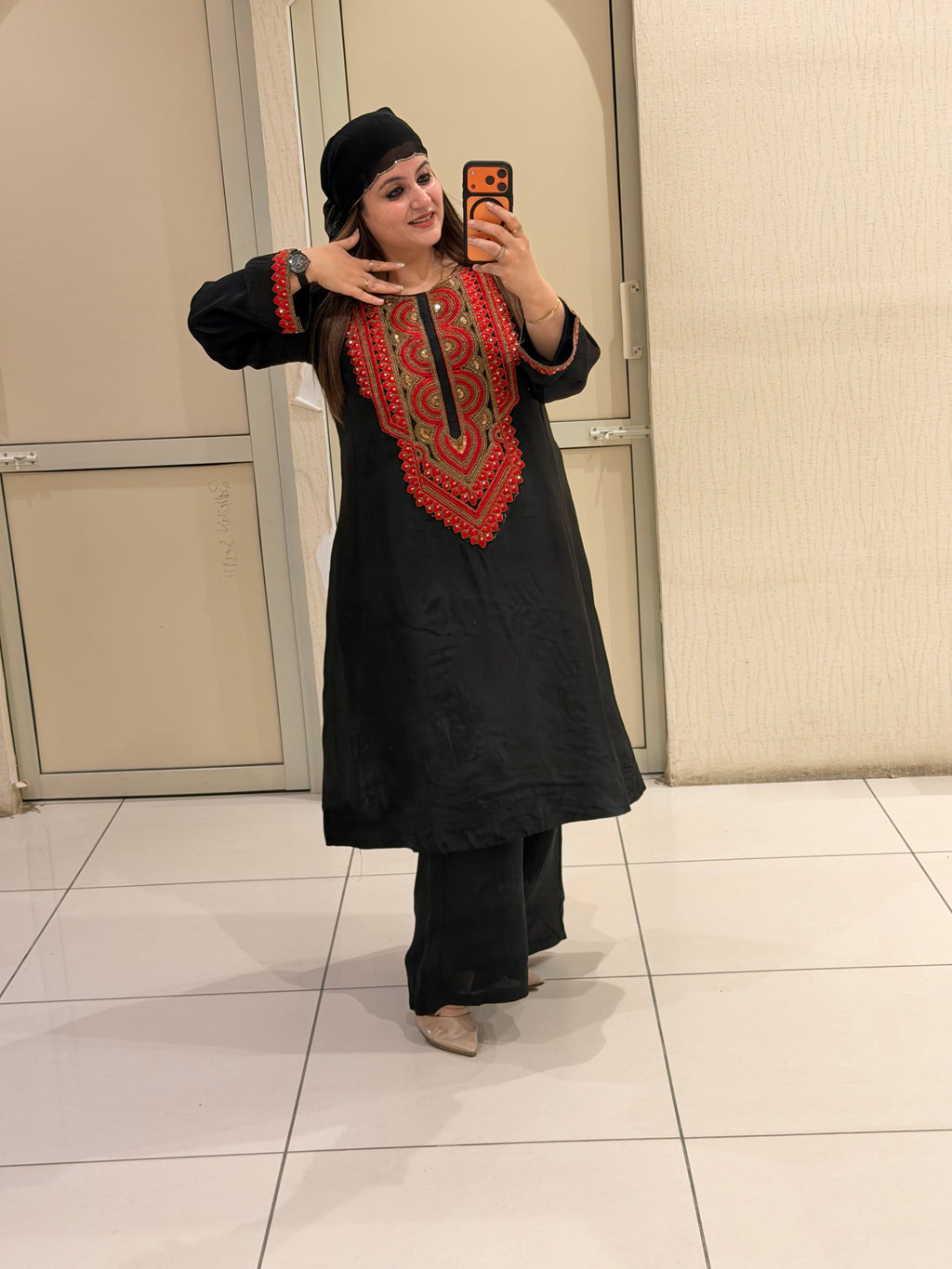 Black & Red Pure Soft Organza Embroidered Suit (Free Size up to XL)