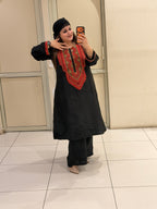 Black & Red Pure Soft Organza Embroidered Suit (Free Size up to XL)