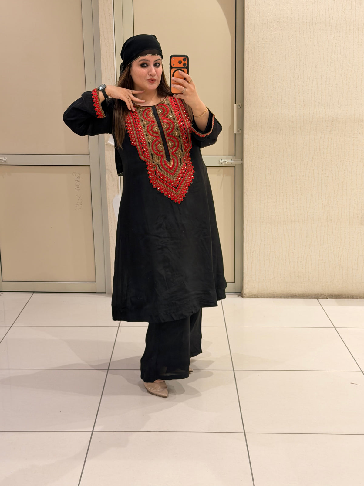 Black & Red Pure Soft Organza Embroidered Suit (Free Size up to XL)
