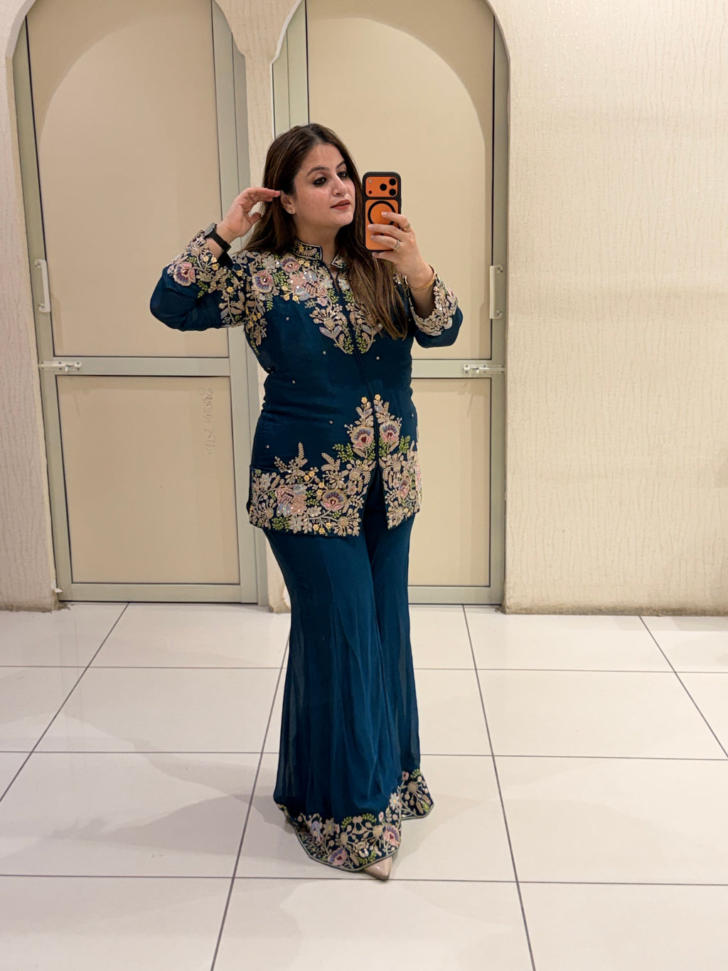 Teal Blue Floral Handwork Two-Piece Suit Set