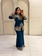 Teal Blue Floral Handwork Two-Piece Suit Set