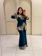 Teal Blue Floral Handwork Two-Piece Suit Set