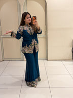 Teal Blue Floral Handwork Two-Piece Suit Set