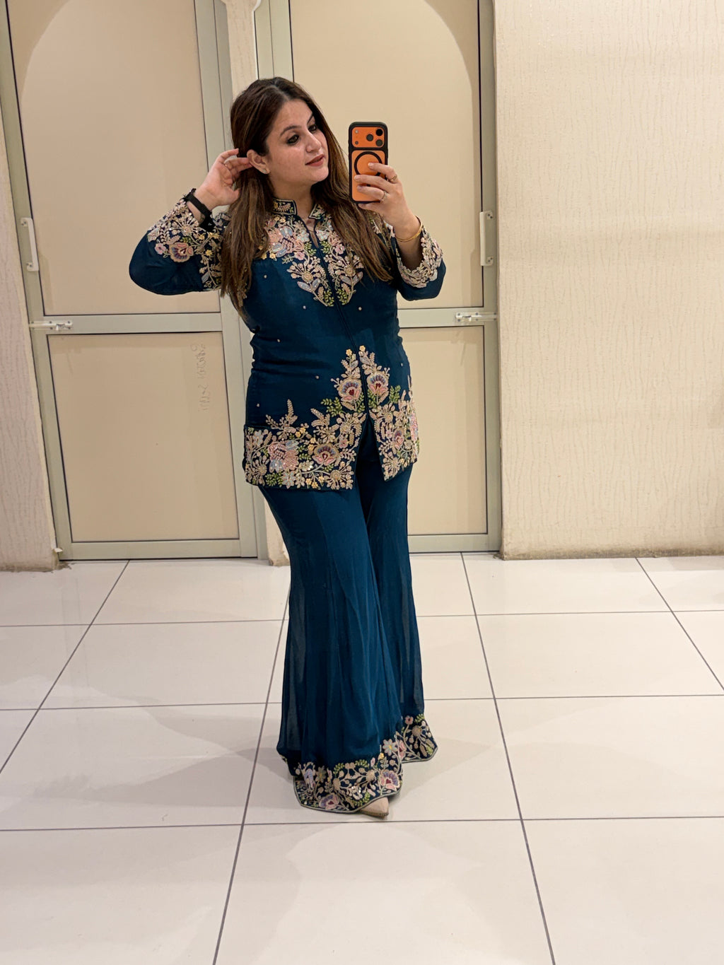 Teal Blue Floral Handwork Two-Piece Suit Set