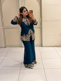 Teal Blue Floral Handwork Two-Piece Suit Set