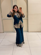 Teal Blue Floral Handwork Two-Piece Suit Set
