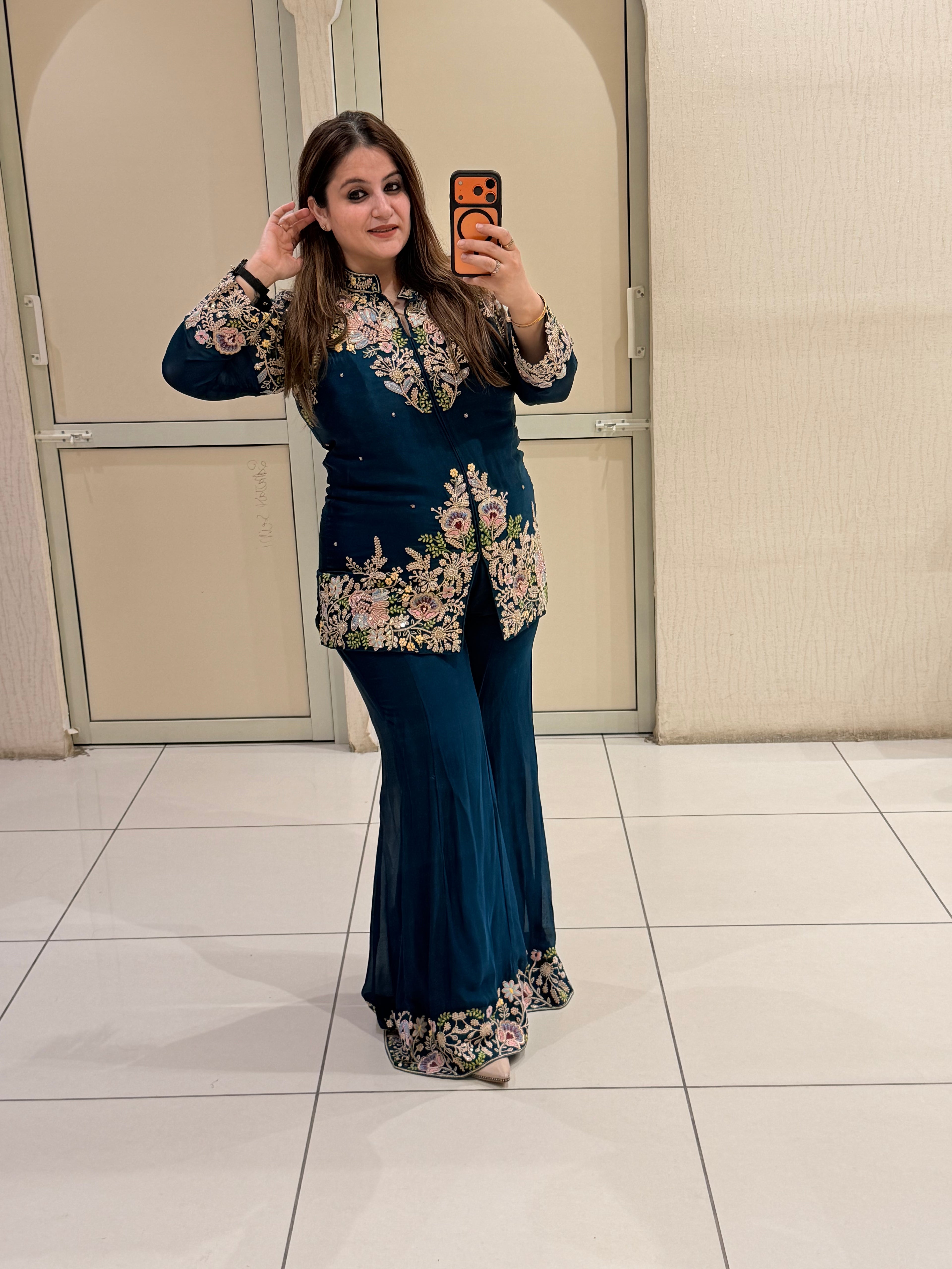 Teal Blue Floral Handwork Two-Piece Suit Set