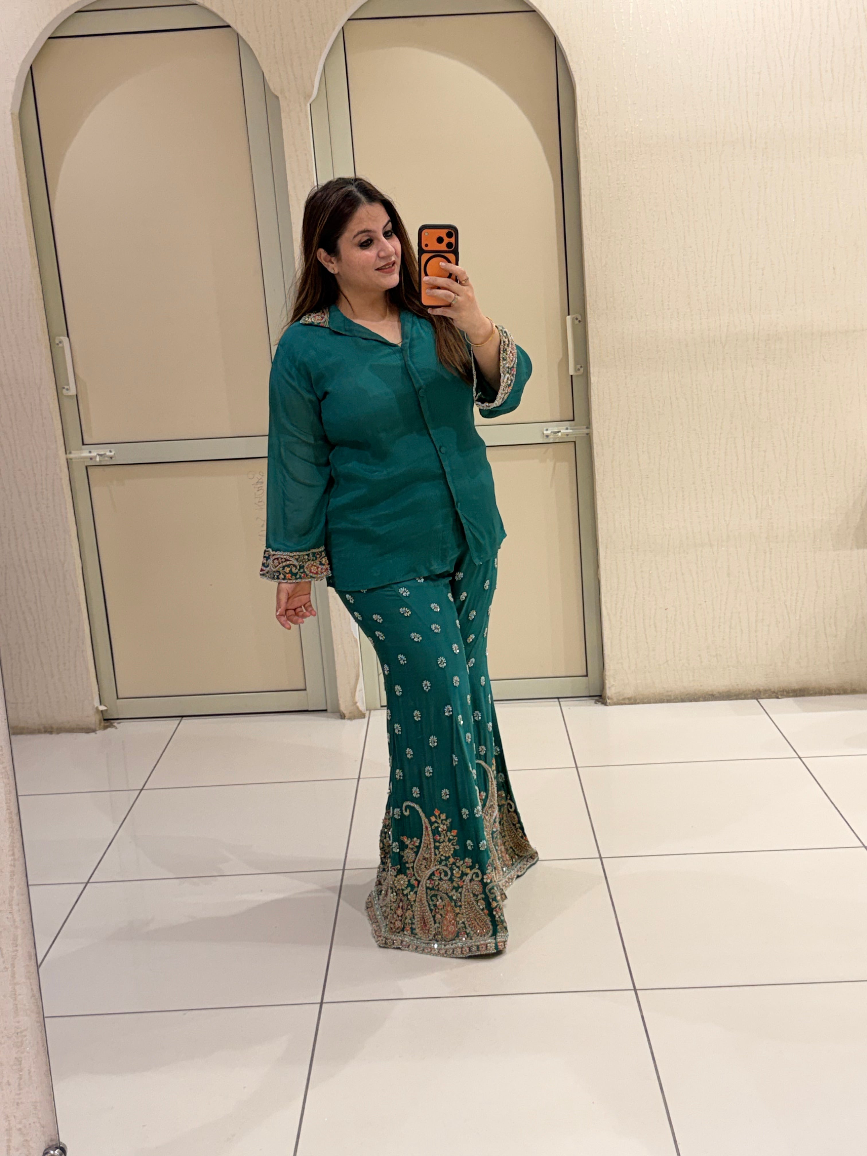 Teal Green Designer Handwork Two-Piece Suit Set