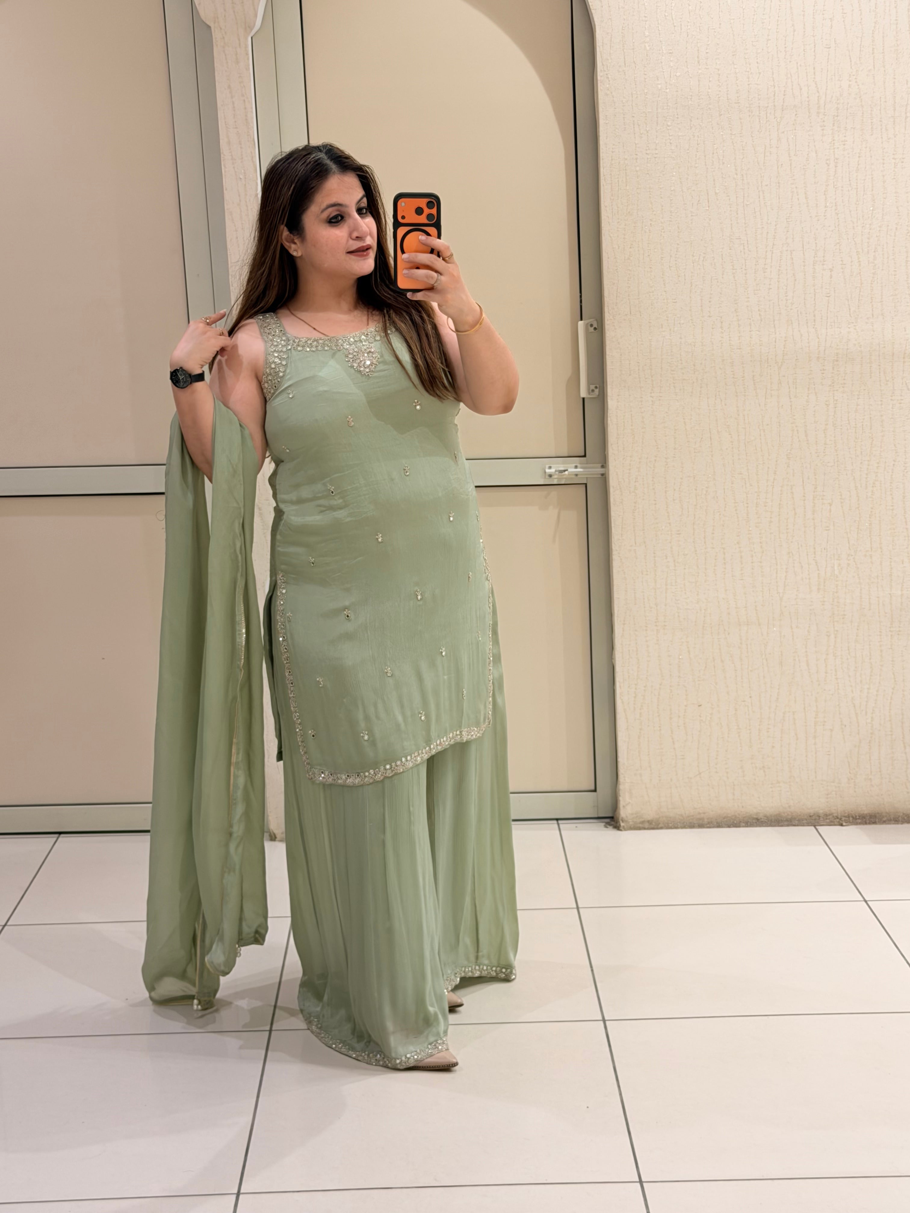 Sage Green Embellished Party Wear Suit Set
