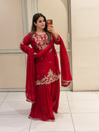 Red Designer Embroidered Party Wear Suit Set