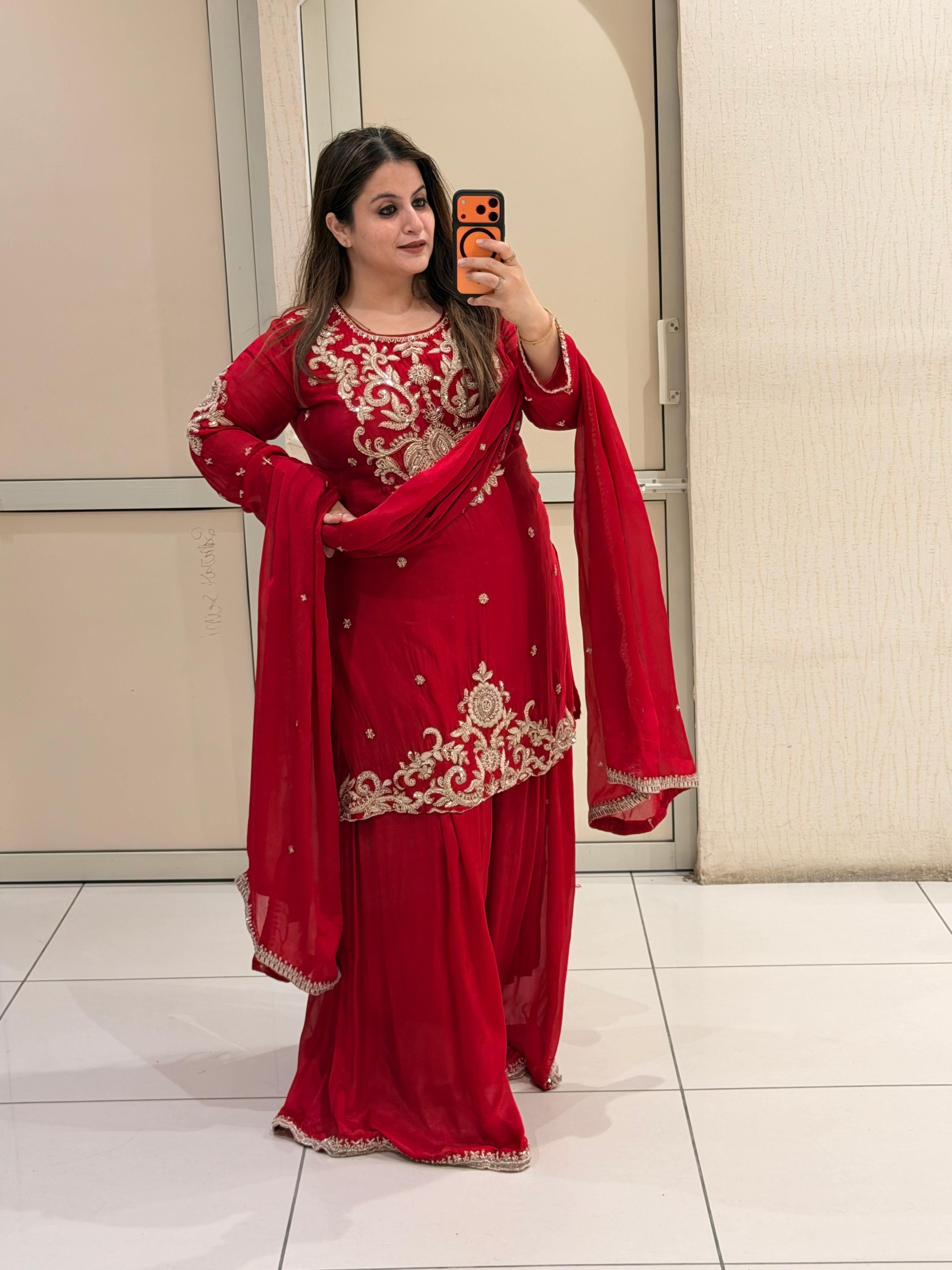 Red Designer Embroidered Party Wear Suit Set