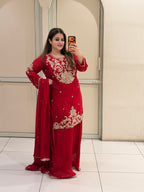 Red Designer Embroidered Party Wear Suit Set