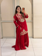 Red Designer Embroidered Party Wear Suit Set