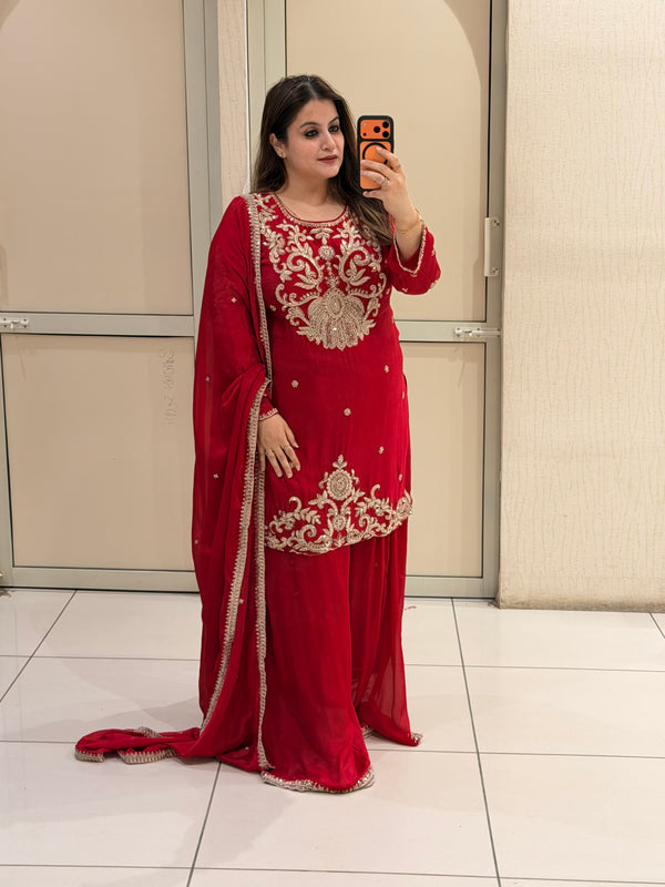 Red Designer Embroidered Party Wear Suit Set