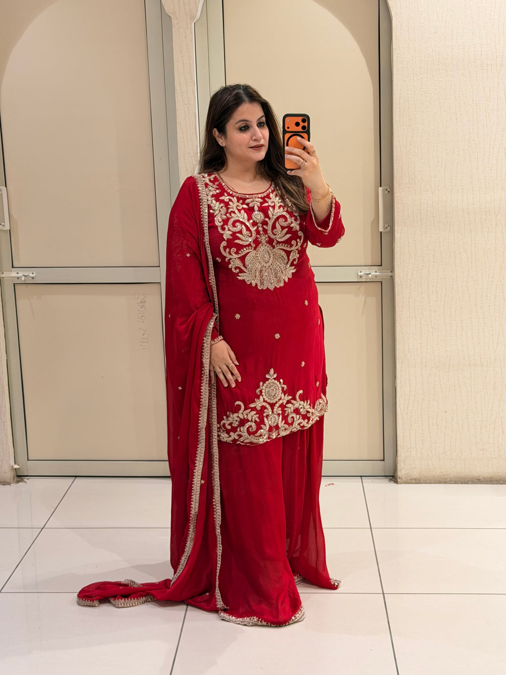 Red Designer Embroidered Party Wear Suit Set