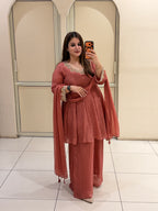 Peach Chinon Embroidered Dress Set (M–XXL)