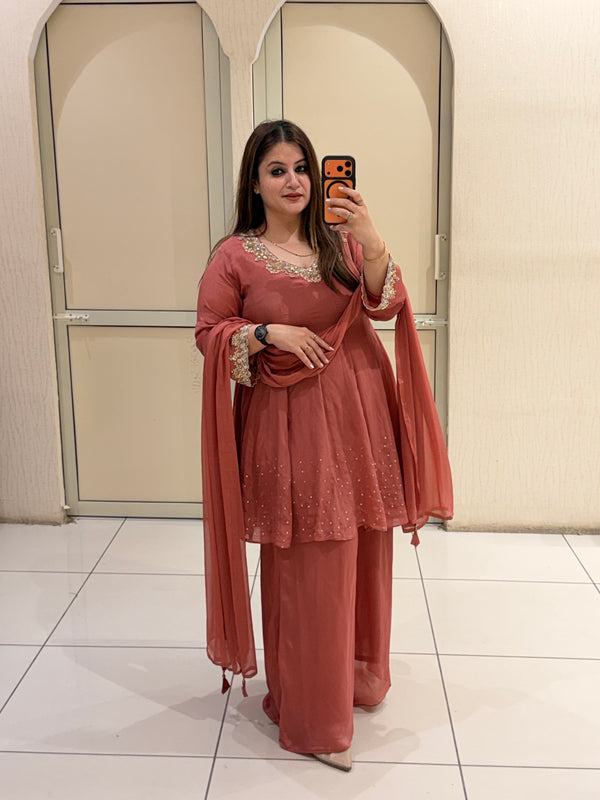 Peach Chinon Embroidered Dress Set (M–XXL)