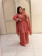 Peach Chinon Embroidered Dress Set (M–XXL)