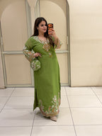 Green Embroidered Side-Slit Dress with Bottom (L–XXL)
