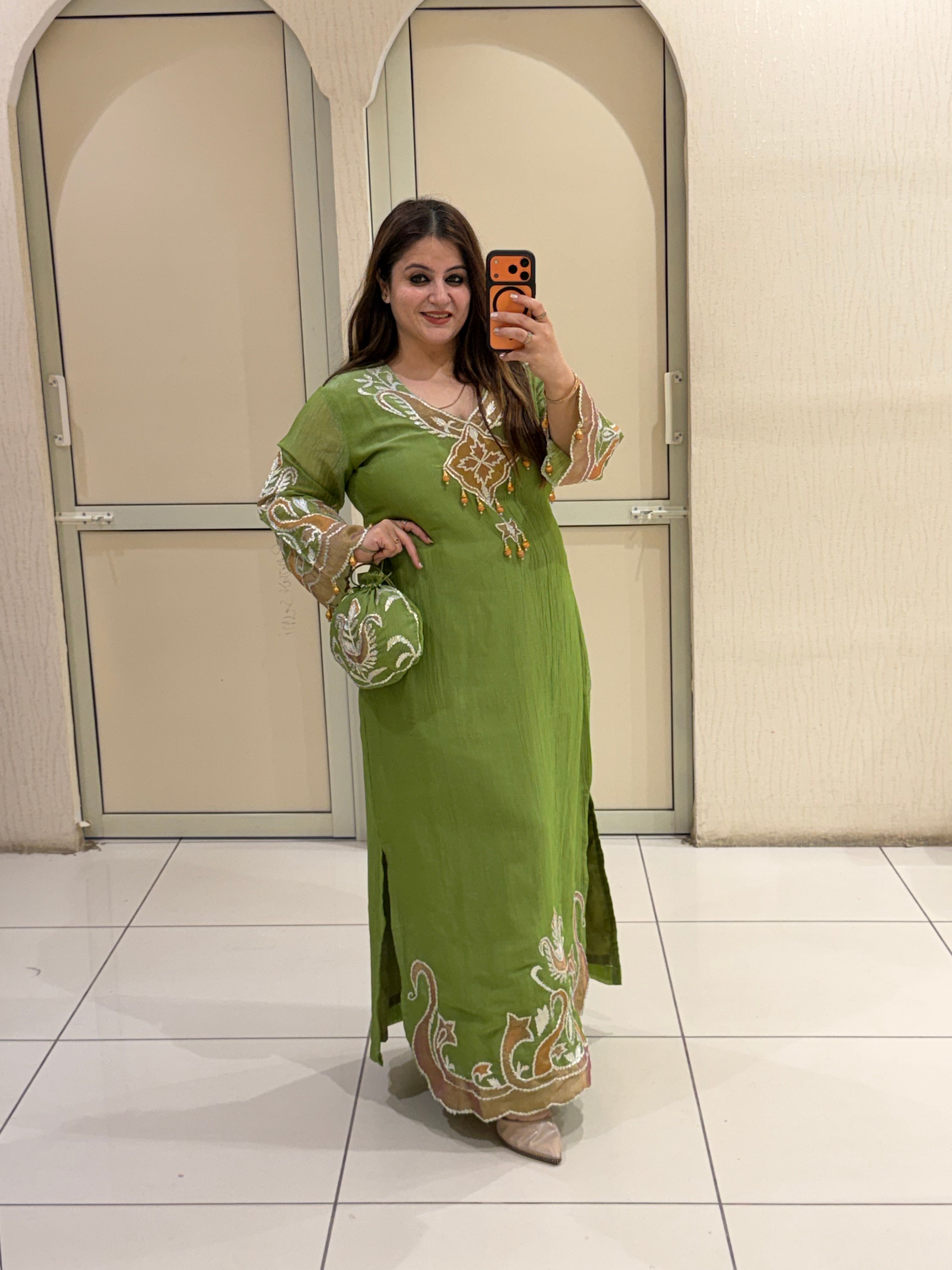 Green Embroidered Side-Slit Dress with Bottom (L–XXL)