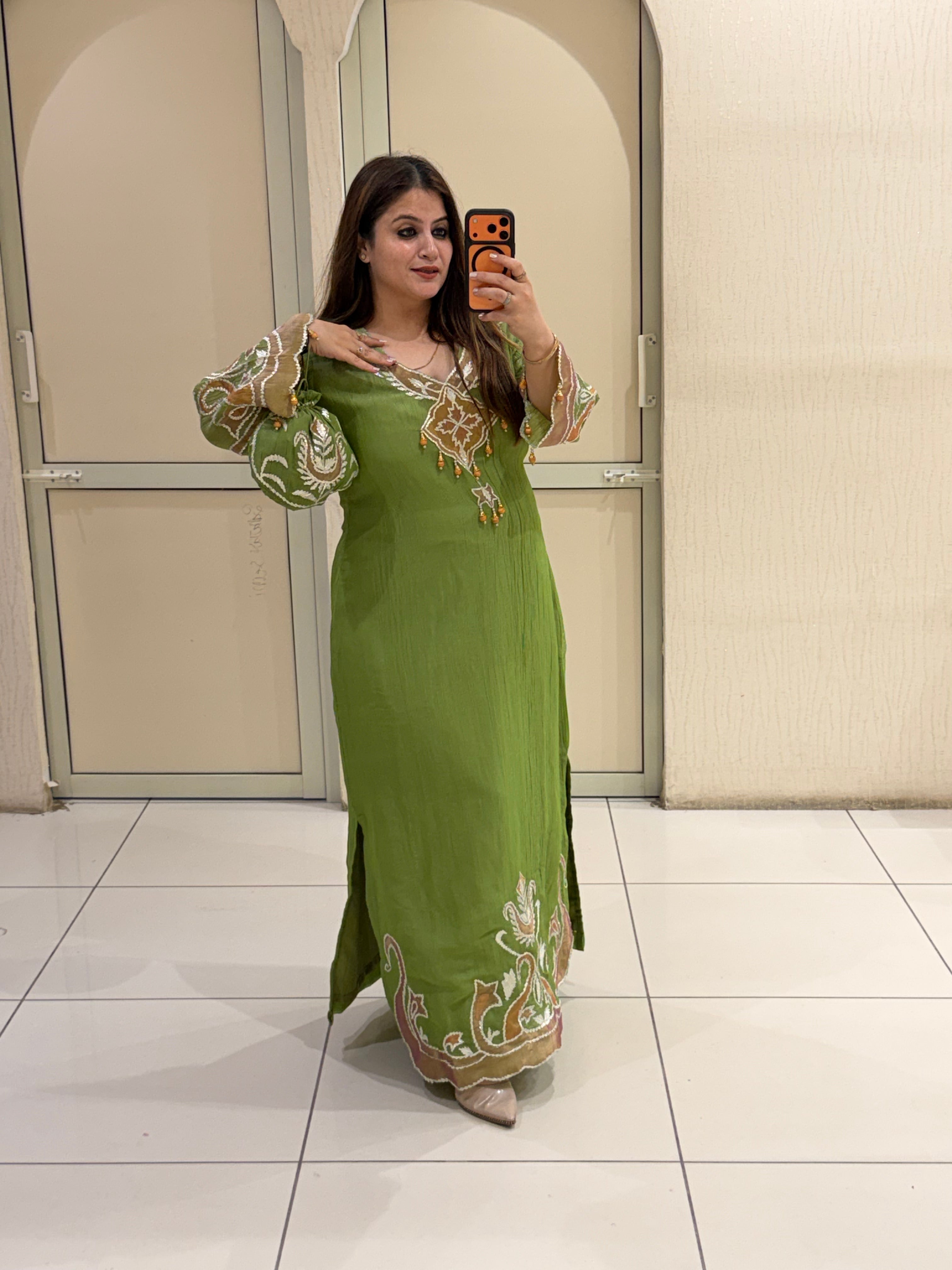Green Embroidered Side-Slit Dress with Bottom (L–XXL)
