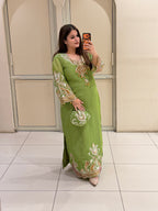 Green Embroidered Side-Slit Dress with Bottom (L–XXL)