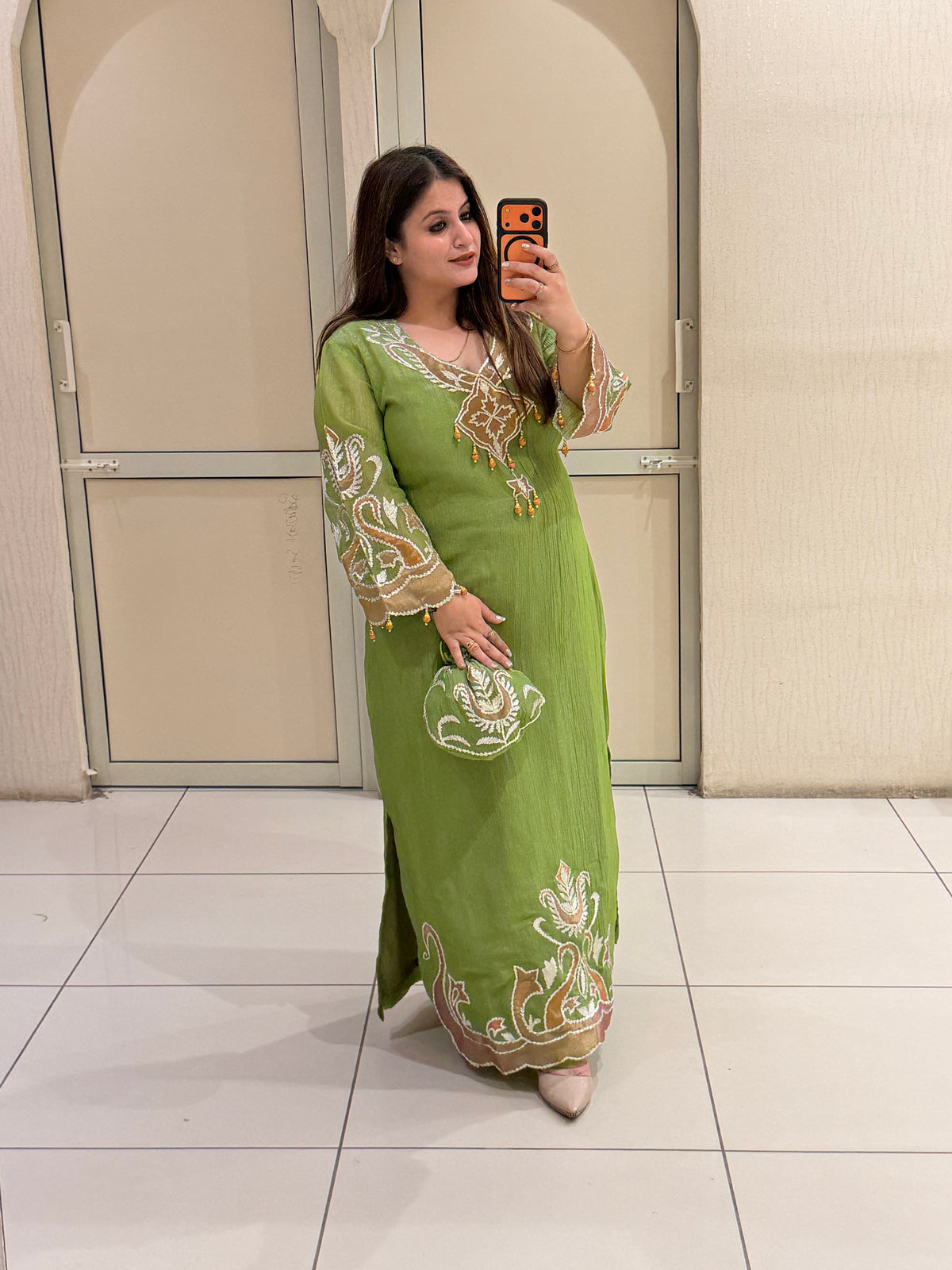 Green Embroidered Side-Slit Dress with Bottom (L–XXL)