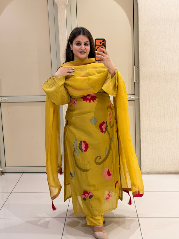 Yellow Pure Mul Appliqué Work Suit (M–XXL)
