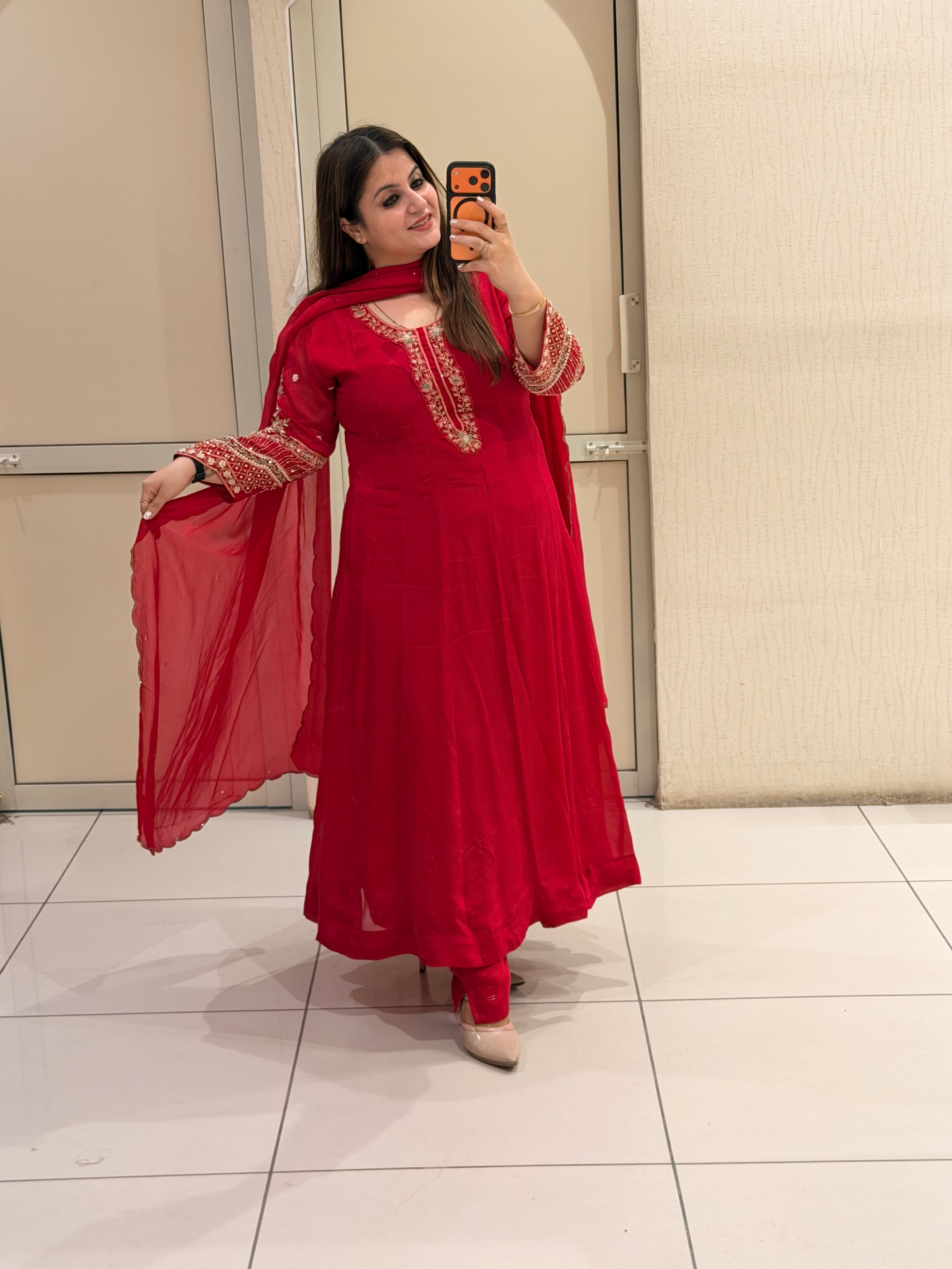 Red Embroidered Georgette Suit Set (M–3XL)