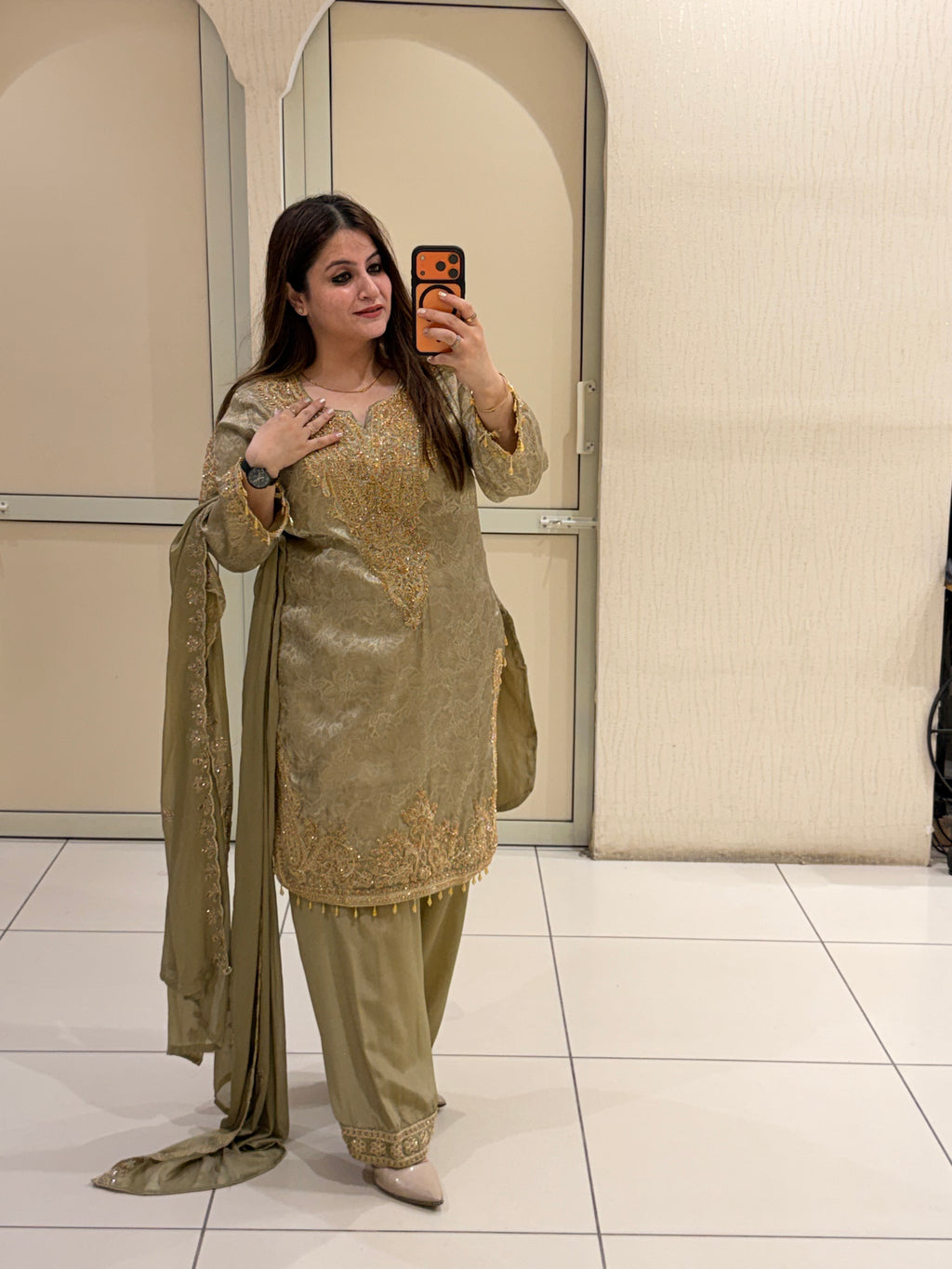 Golden Farsi Embroidered Partywear Suit (M–2XL)