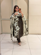 Brown Floral Crepe Suit Set (M–XXL)