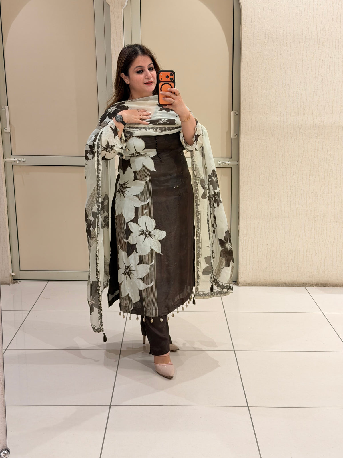 Brown Floral Crepe Suit Set (M–XXL)