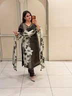Brown Floral Crepe Suit Set (M–XXL)