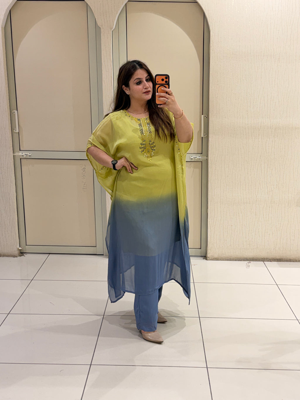 Yellow-Blue Ombre Embroidered Suit Set (M–XXL)