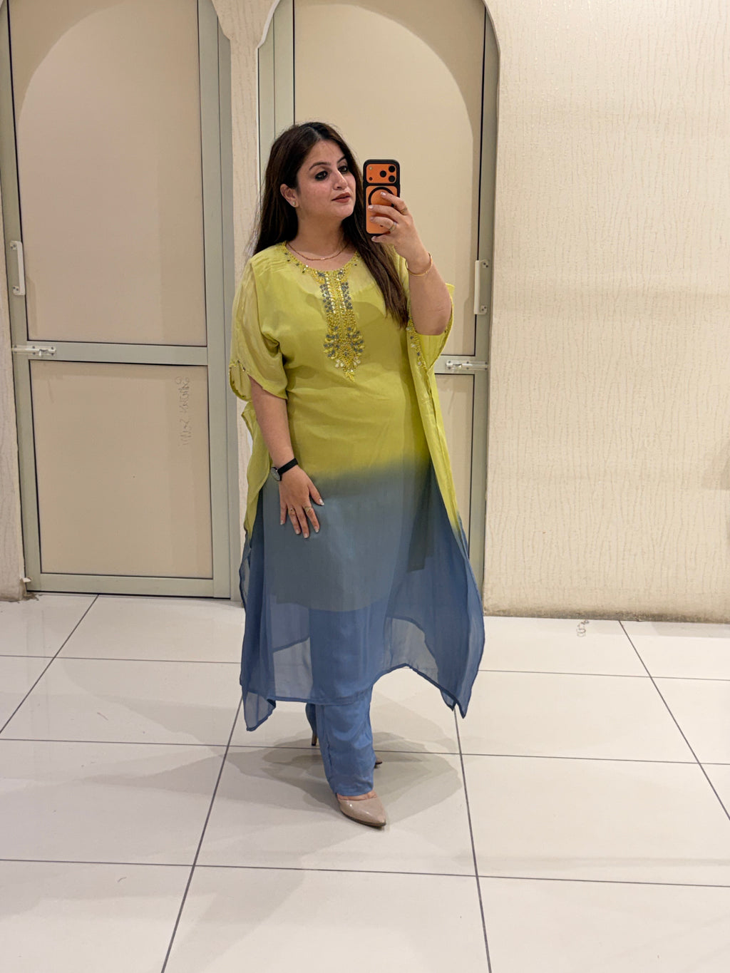 Yellow-Blue Ombre Embroidered Suit Set (M–XXL)